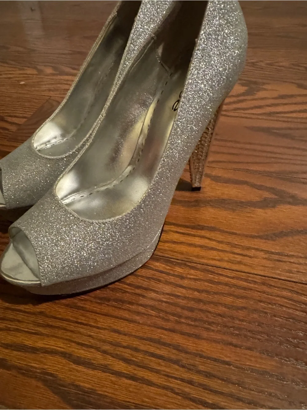 bebe Silver Glitter Peep-Toe Heels